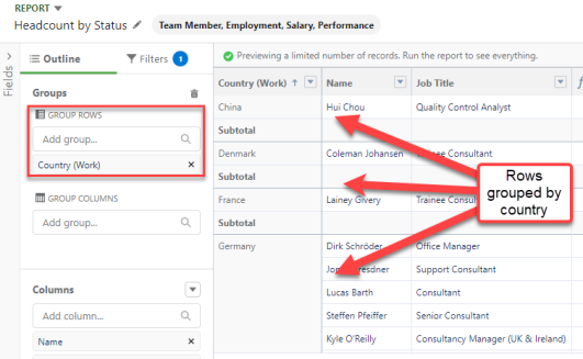 Screenshot: grouping rows in a report