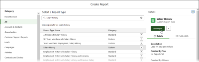 Partial screenshot showing completed create report dialog with start report selected