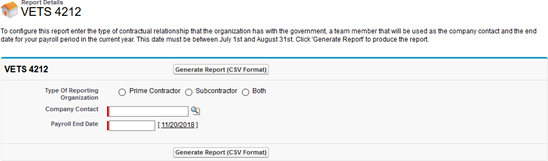 Screenshot: The report generator page for VETS 4212 report