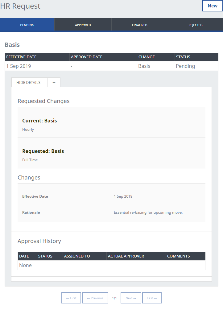 HR Requqsts, Detail View, Pending requests