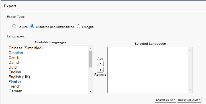 Screenshot: Language selector when exporting Outdated and untranslated or Bilingual translations