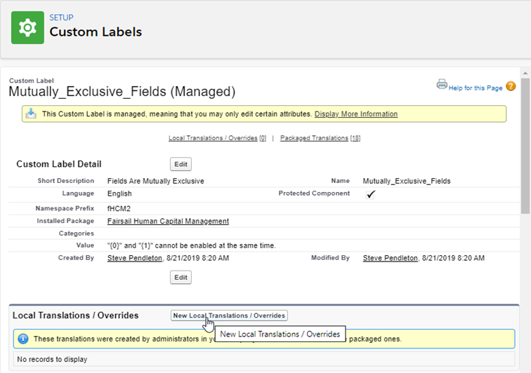 New Lozal Translation / Override button pointed on Custom Label detail page