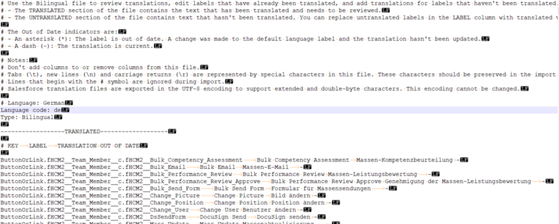 A section of a Salesforce Translation File (STF) of a bilingual export, open in a text editor