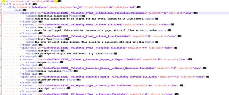 A section of a Salesforce XLIFF file open in a text editor