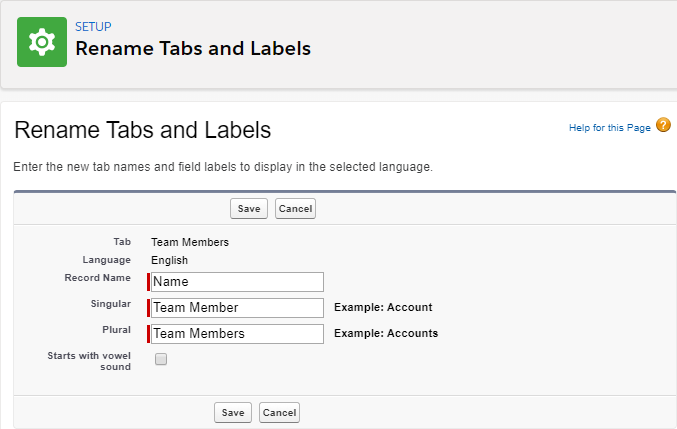 Rename Tab Names and Labels page in edit mode for a label in English