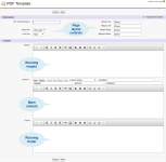 Annotated screenshot: Identifying PDF template editor sections from top down: Page layout controls, running header, main content, running footer