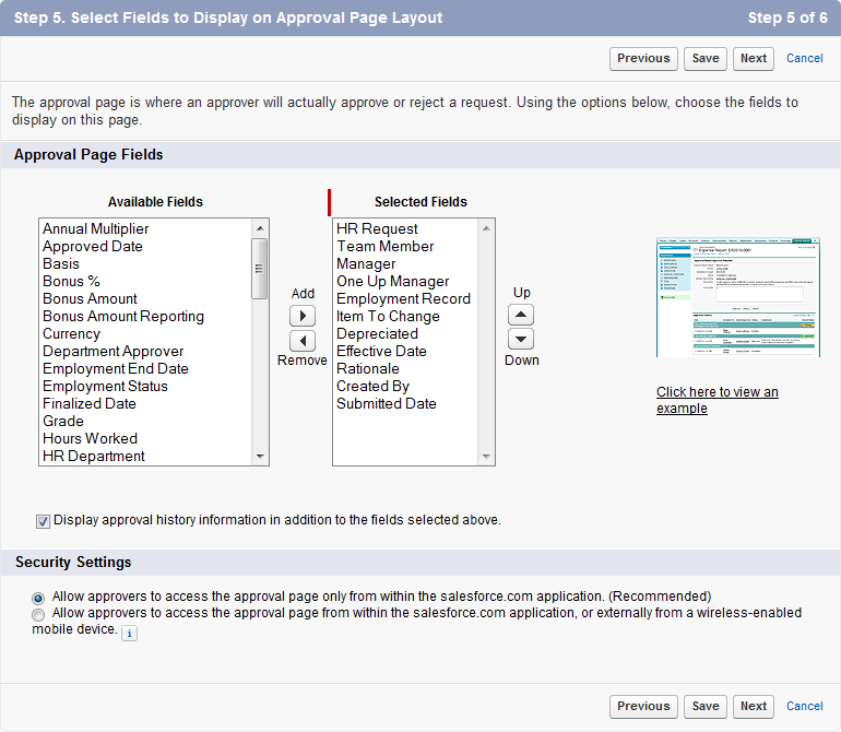 Screenshot: Step 5 of the approval process editor: Select fields to display on approval page layout