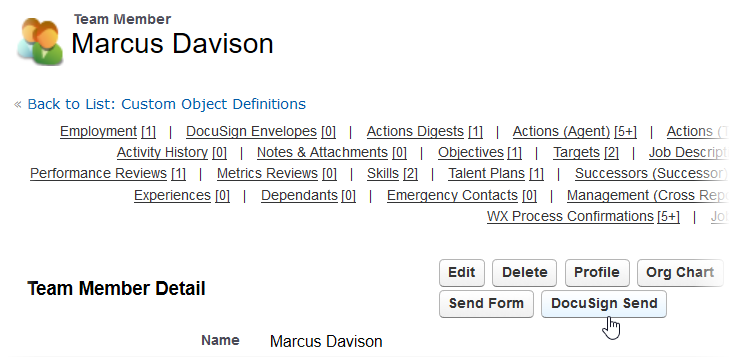 Screenshot: DocuSign Send button on a Team Member detail page