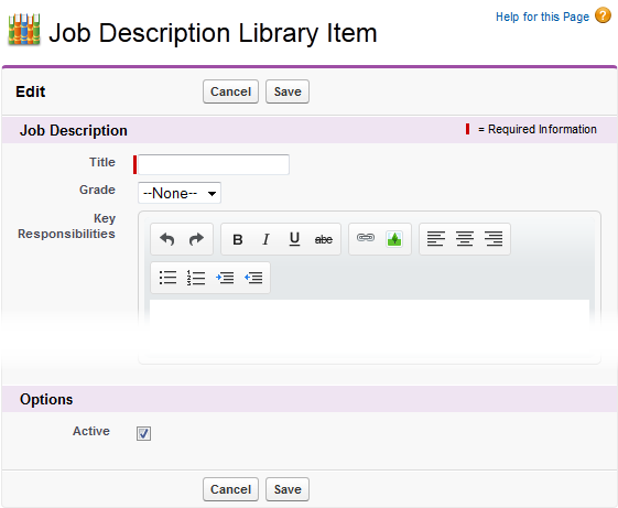 Screenshot: New Job Description Library Item page