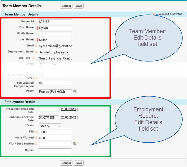 Annotated screenshot: Fields from the Edit Details field sets on the Team Member Details page