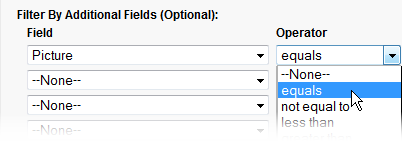 Screenshot: Selecting an operator for a filter