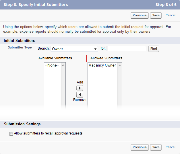 Screenshot: Step 6 of approval process editor: Specify initial submitters