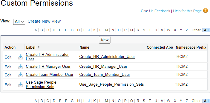 Screenshot: A list of custom permissions