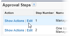 Screenshot: Selecting Edit for an approval process approval step