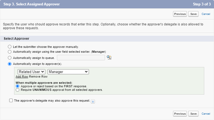 Screenshot: Step 3 of the approval step editing process: Select assigning approvers