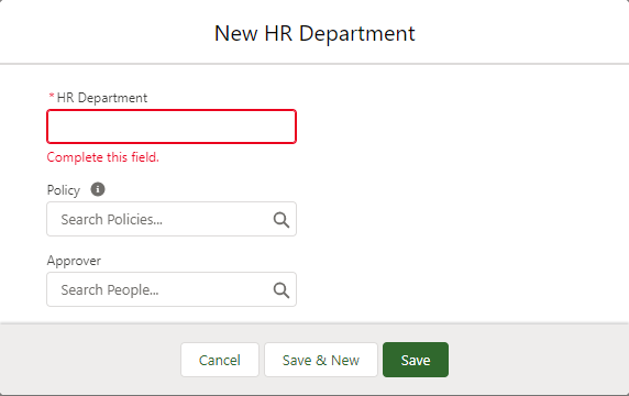 Screenshot: New HR Department screen