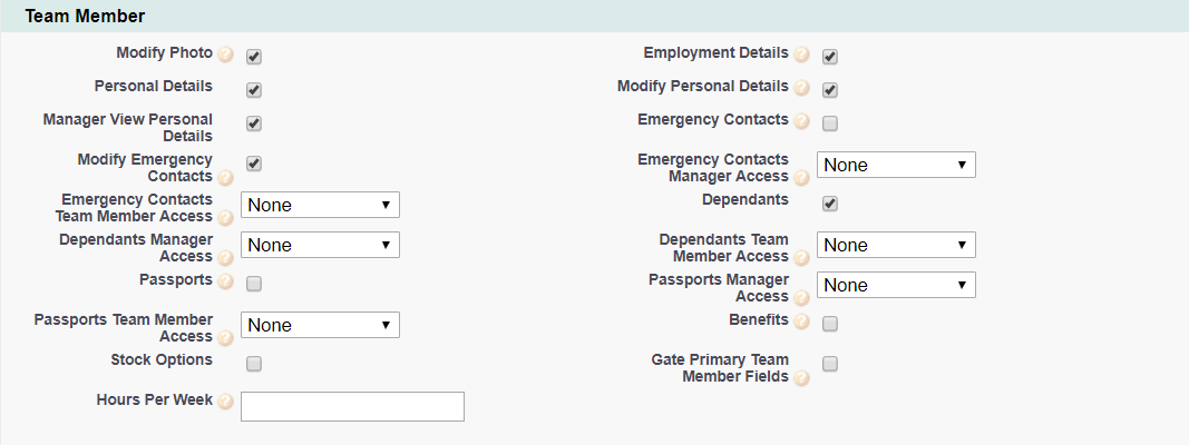 Screenshot: Policy options for Team Member