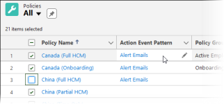 Partial screenshot showing all policies view with Action Event Pattern field selected