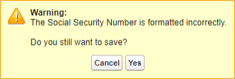 Screenshot: Social Security Number formatting error message in the HR Manager portal