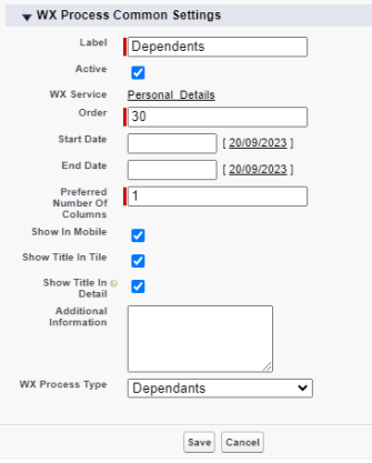 Screenshot: creating a WX process for dependents