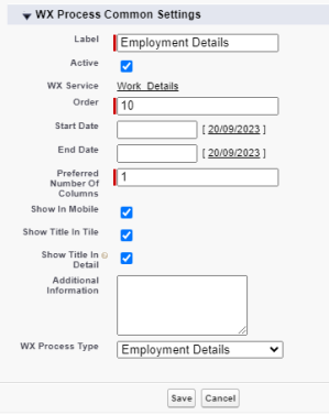 Screenshot: creating a WX process for emplyment details