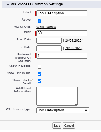 Screenshot: creating a WX process for Job Description