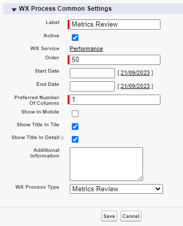 Screenshot: creating a WX process for Metrics Review