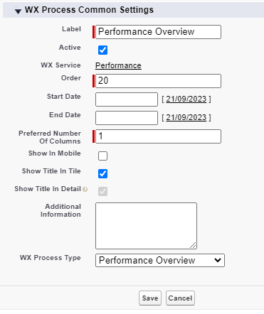 Screenshot: creating a WX process for Performance Overview