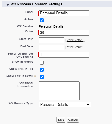 Screenshot: creating a WX process for Personal Details