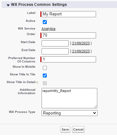 Screenshot: creating a WX process for Reporting