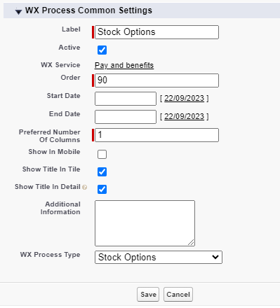 Screenshot: creating a WX process for Stock Options