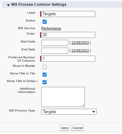 Screenshot: creating a WX process for Targets