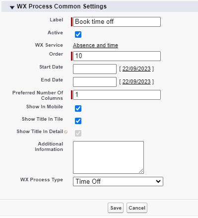 Screenshot: creating a WX process for Time Off