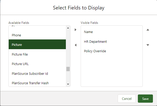 Screenshot: Select Fields to Display screen for a list view