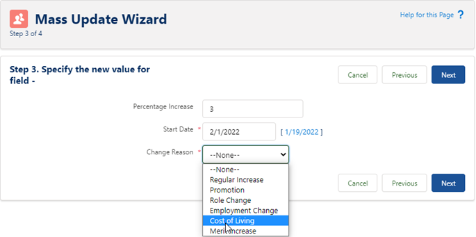 Screenshot: Entering details for the Percentage increase, its start date, and the change reason in step 3 of the mass update wizard