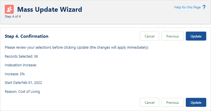 Screenshot: Confirmation of the salary update details in step 4 of the mass update wizard