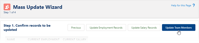 Screenshot: Selecting Update Team Members in step 1 of Mass Update wizard