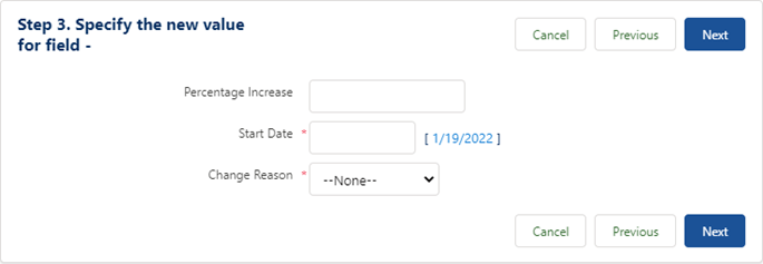 Screenshot: Entering details for an indexation increase for salary records