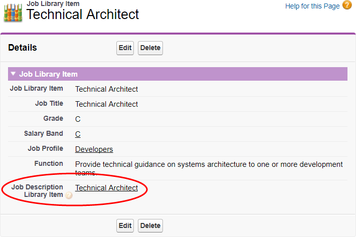 Annotated screenshot: Job Description Library Item field on a Job Library Item detail page