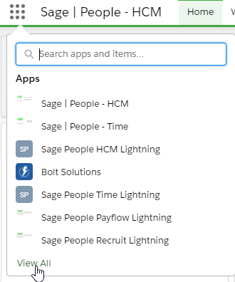 Screenshot: App list in Salesforce Lightning Experience, with the cursor on the View All link