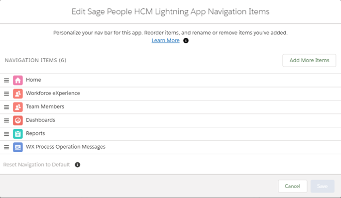 Screenshot: Edit App Navigation Items page for a Salesforce Lightning Experience App