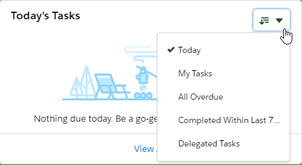 Screenshot: Picklist in the Tasks tile in the Salesforce Lightning Experience