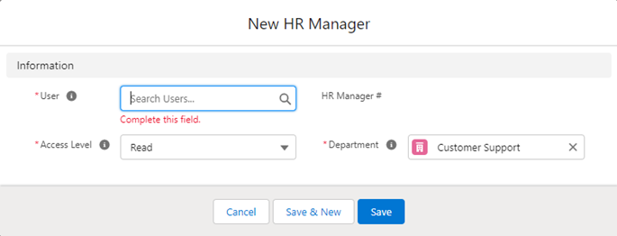 Screenshot: New HR Manager screen