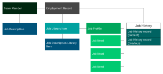 Diagram showing Team Member's Employment Record linked to a Job Library Item, which links to a Job Profile with three Job Needs, a Job Description Library Item, and Job History. The Job Description Library Item is copied as the Team Member's Job Description.