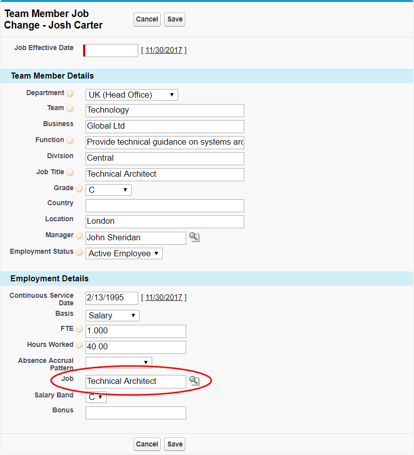 Annotated screenshot: Job field on the Team Member Job Change page