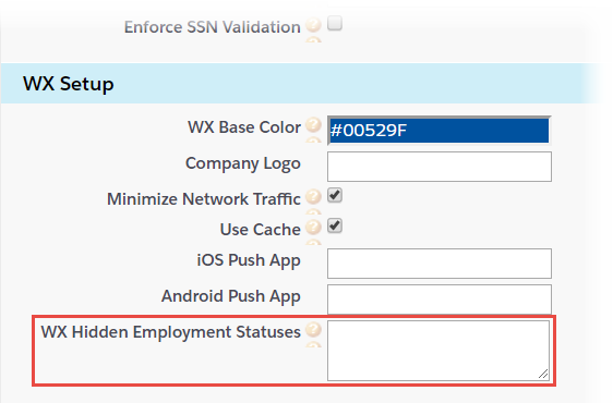 Screenshot: WX Setup section on the HCM package configuration page, with WX Hidden Employment Statuses field highlighted