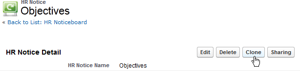 Screenshot: Clone button on a HR Notice Detail page