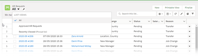 Screenshot: Top of a HR Request list view in the HR Manager portal