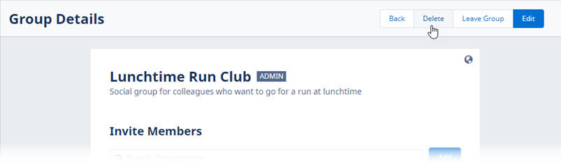 Screenshot of the upper section of Group Details page, pointing to the Delete button