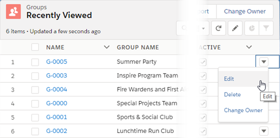 Screenshot of Groups List view in HR Manager Portal, with Edit option displayed for a Group